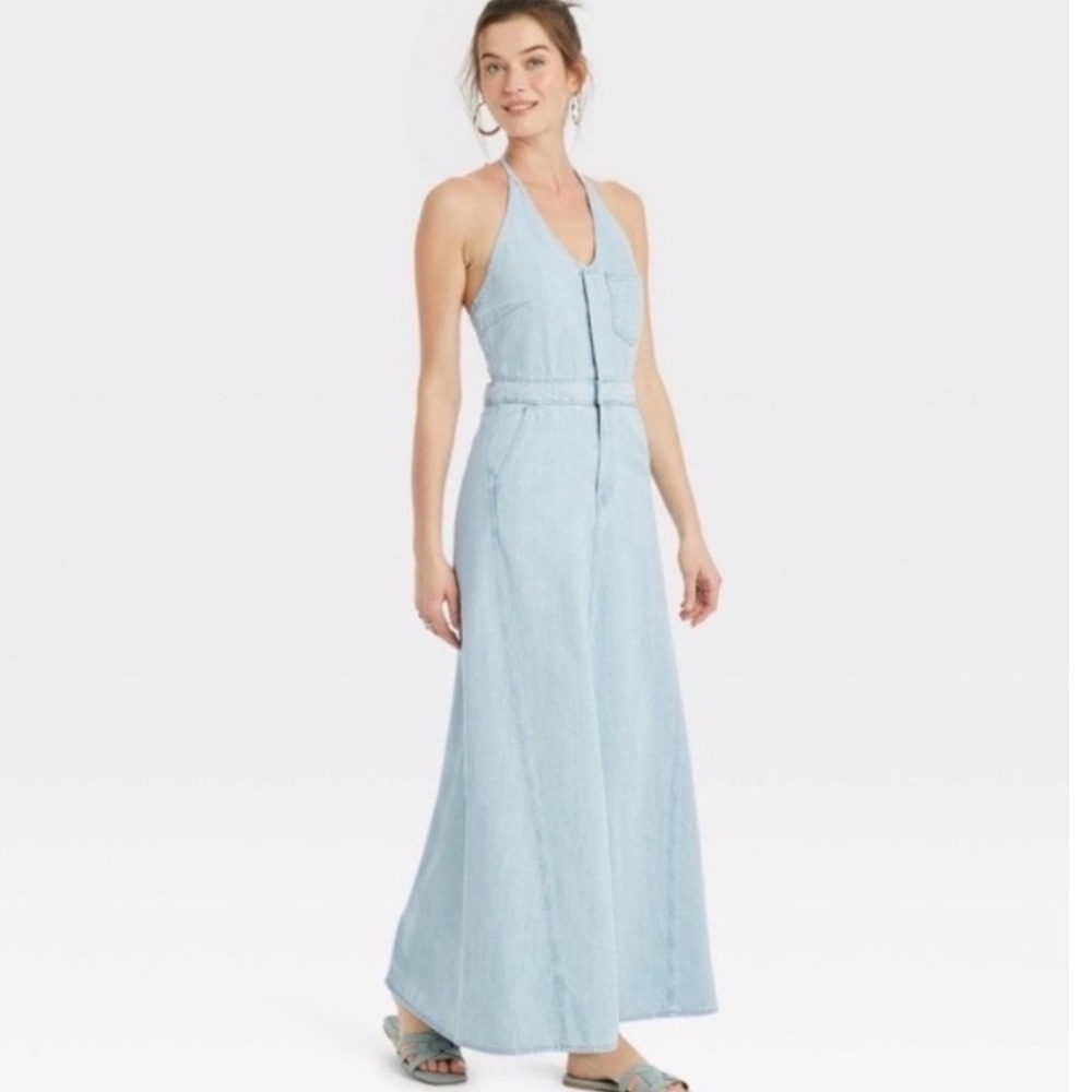 Universal‎ Thread Women 4 Light Wash Denim Blue Halter Maxi Dress Raw Hem Button